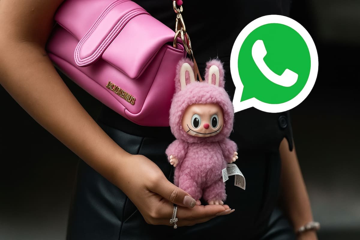 Un muñeco Labubu colgado de una cartera junto al símbolo de WhatsApp